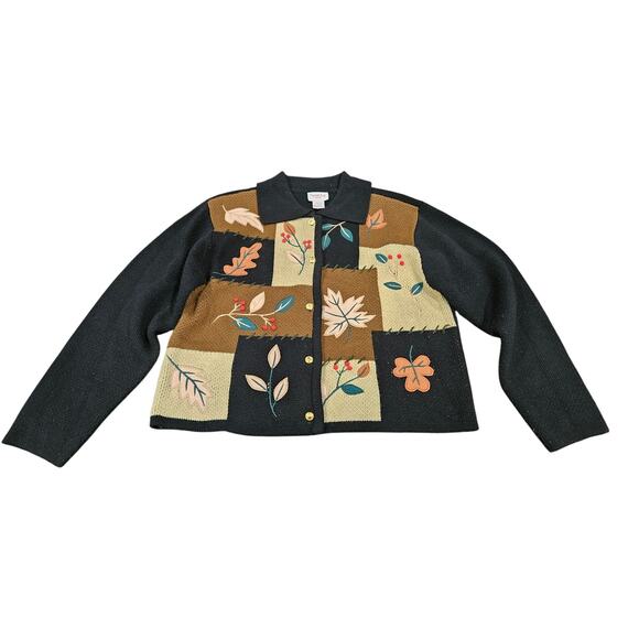 Crystal Kobe Sweaters - Vintage Crystal Kobe Fall Autumn Leaf Floral Sweater Cardigan Sz Petite L